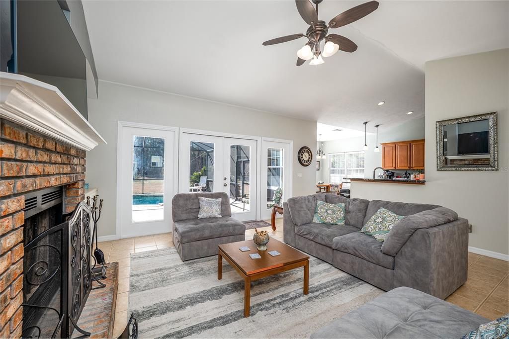 Fireplace, Interior, Kitchen, Living room, Pendant Lights, Recessed Lighting