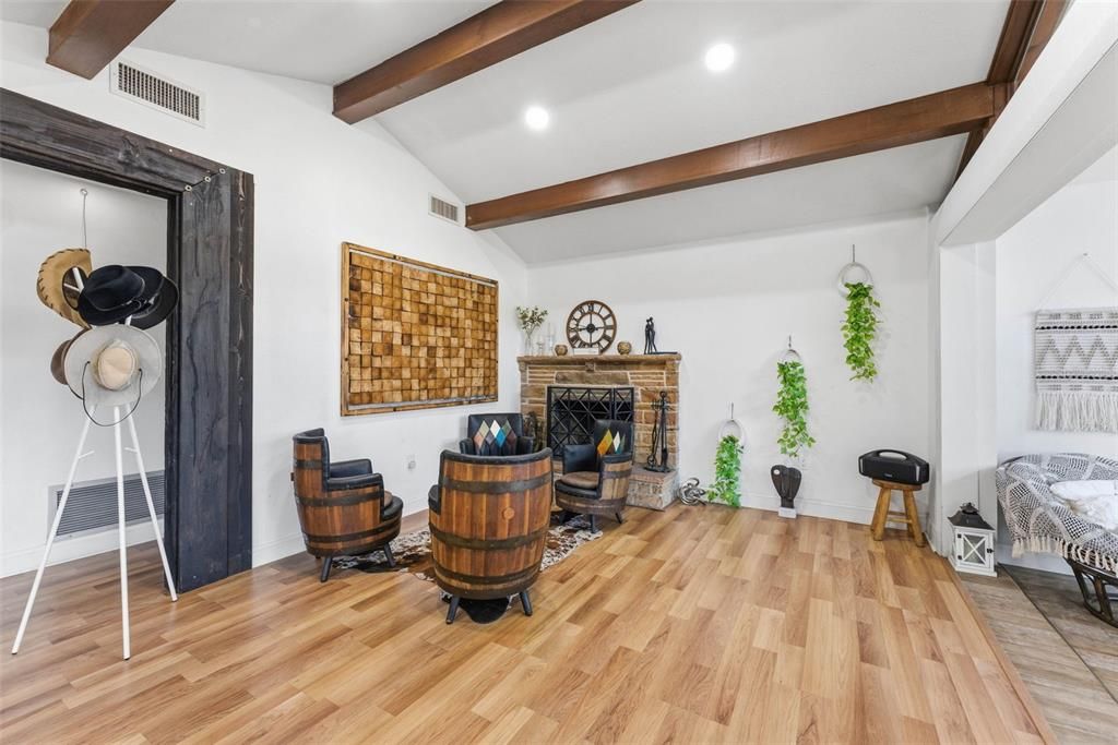 Fireplace, Interior, Recessed Lighting, Wooden Beams, Wood Texture Flooring
