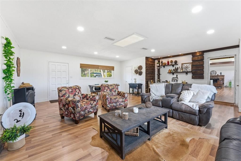 Fireplace, Interior, Living room, Recessed Lighting, Wood Texture Flooring