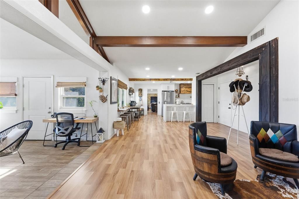 Home Office, Interior, Recessed Lighting, Wooden Beams, Wood Texture Flooring