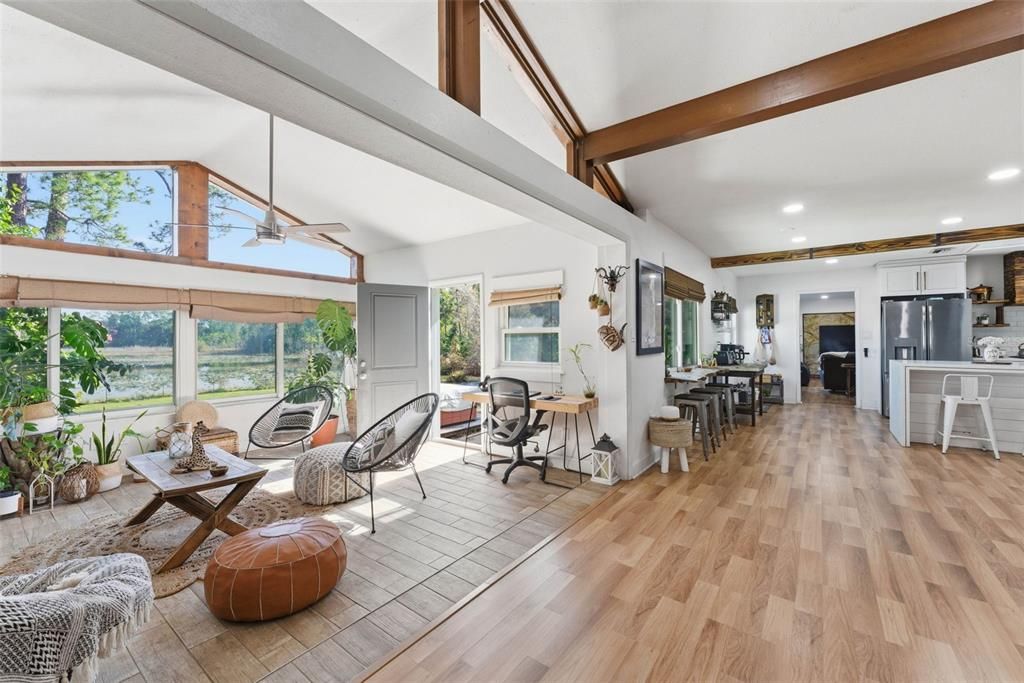 Interior, Kitchen, Living room, Recessed Lighting, Wooden Beams, Wood Texture Flooring