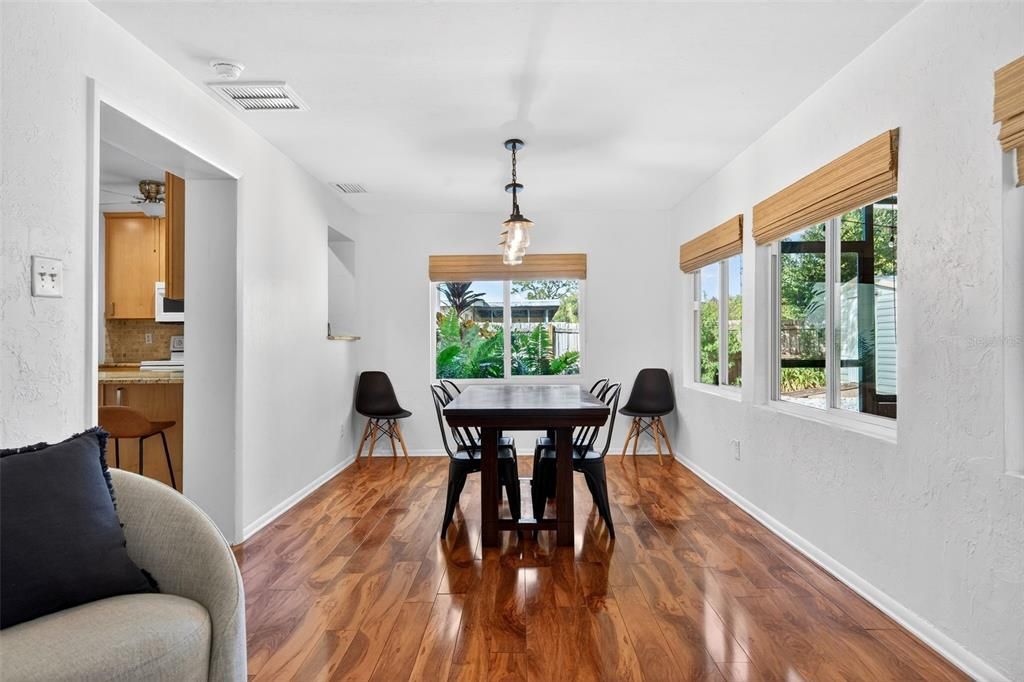 Dining room, Interior, Pendant Lights, Wood Texture Flooring