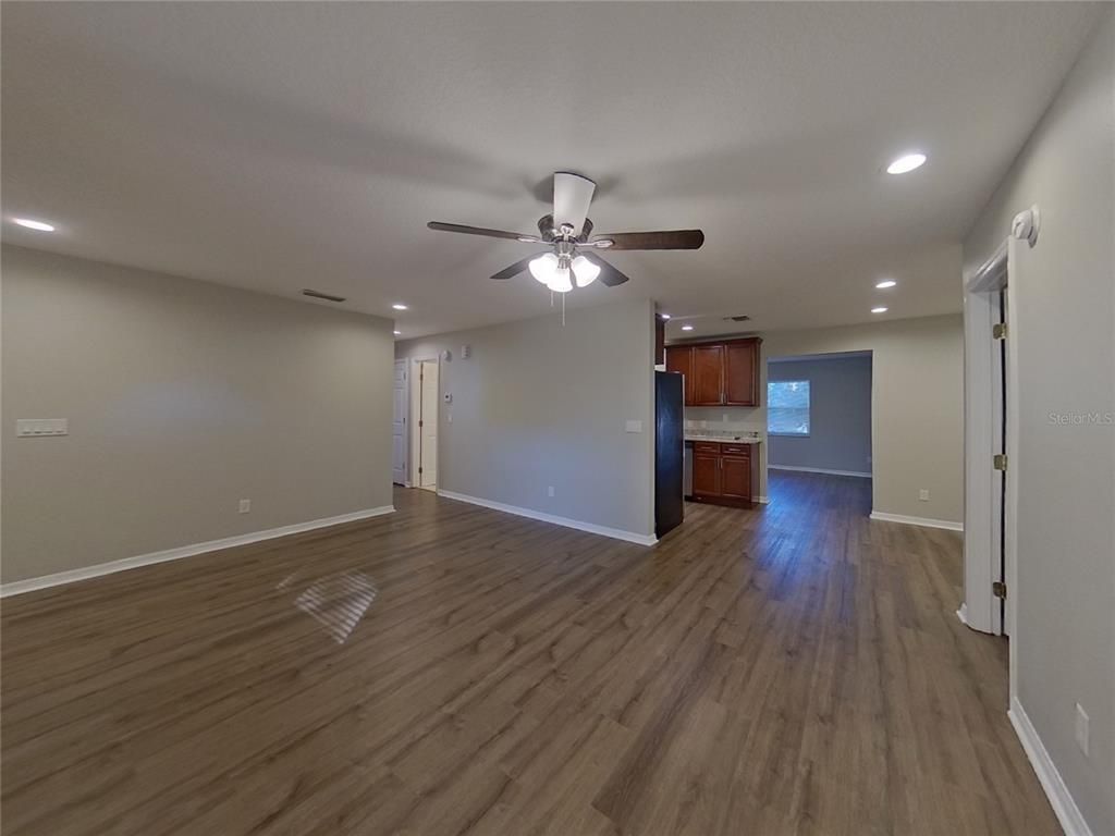 Empty room, Interior, Kitchen, Recessed Lighting, Wood Texture Flooring