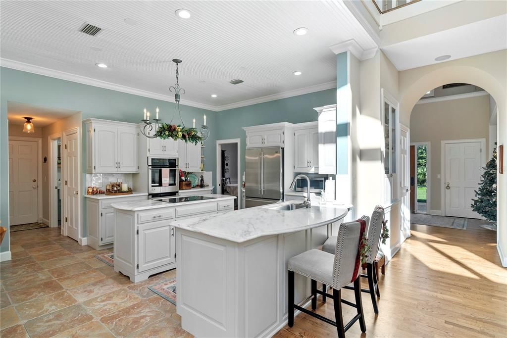 Chandelier, Interior, Kitchen, Recessed Lighting, Stainless Steel Appliances, Wood Texture Flooring