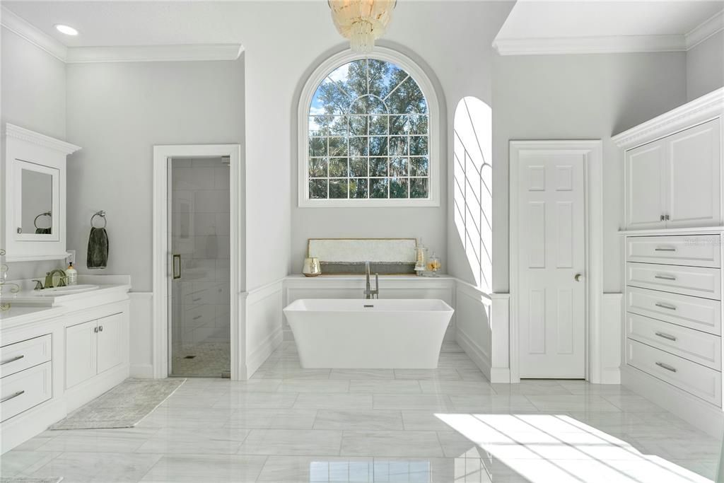 Bathroom, Free Standing Baths, Glass Shower, Interior, Marble, Recessed Lighting