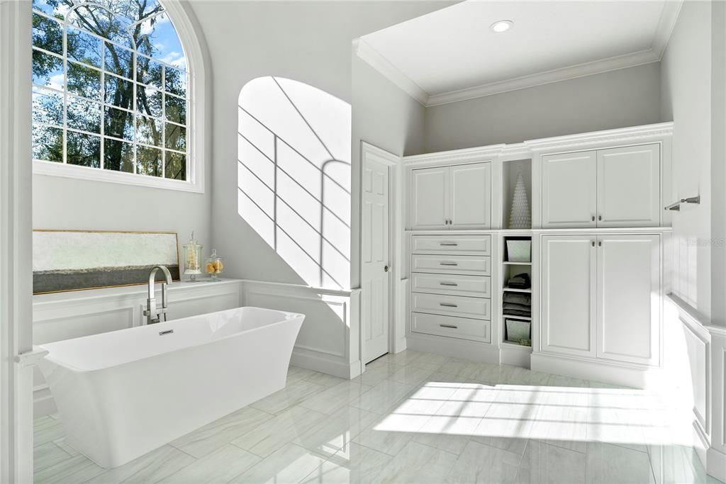 Bathroom, Free Standing Baths, Interior, Marble, Recessed Lighting