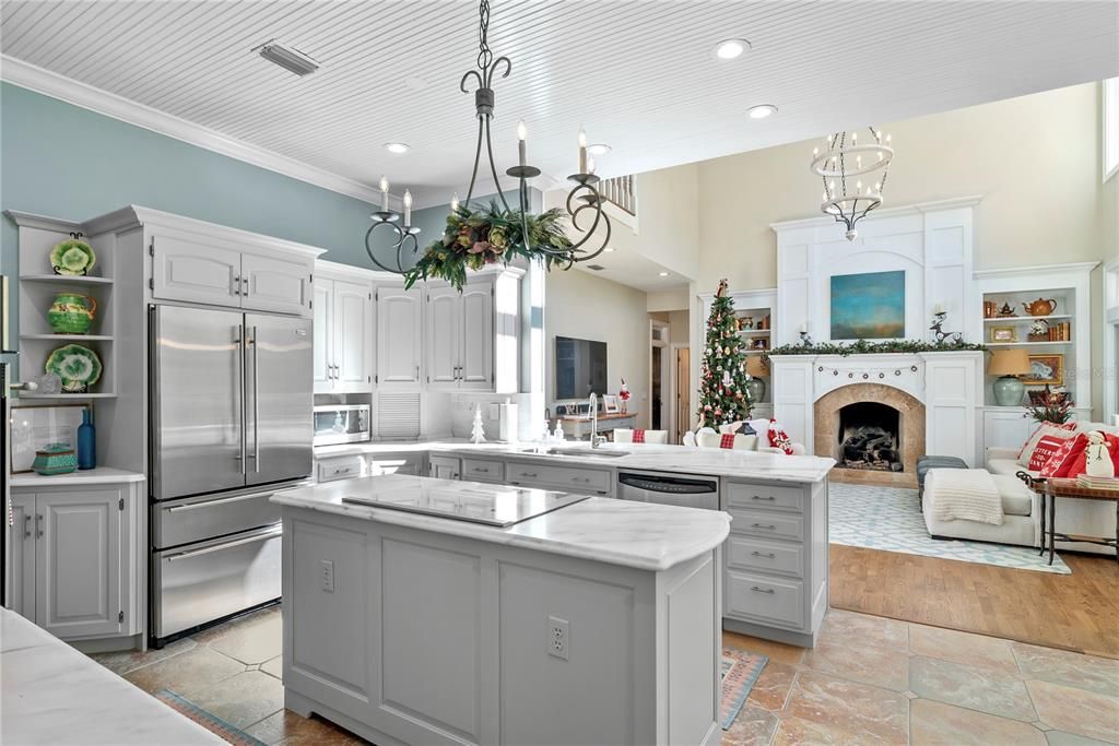Chandelier, Fireplace, Interior, Kitchen, Pendant Lights, Recessed Lighting, Stainless Steel Appliances