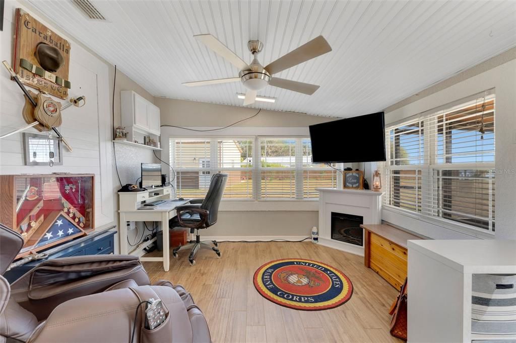 Fireplace, Home Office, Interior, Wood Texture Flooring