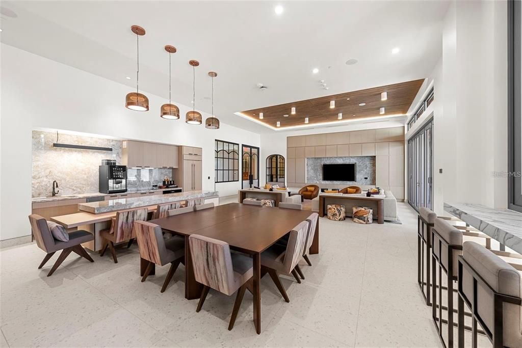 Dining room, Interior, Kitchen, Pendant Lights, Recessed Lighting, Stainless Steel Appliances, Wooden Ceilings