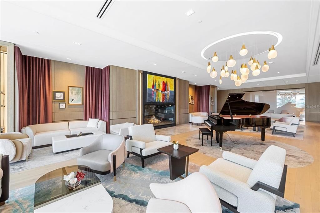 Fireplace, Interior, Living room, Piano, Recessed Lighting, Wood Texture Flooring