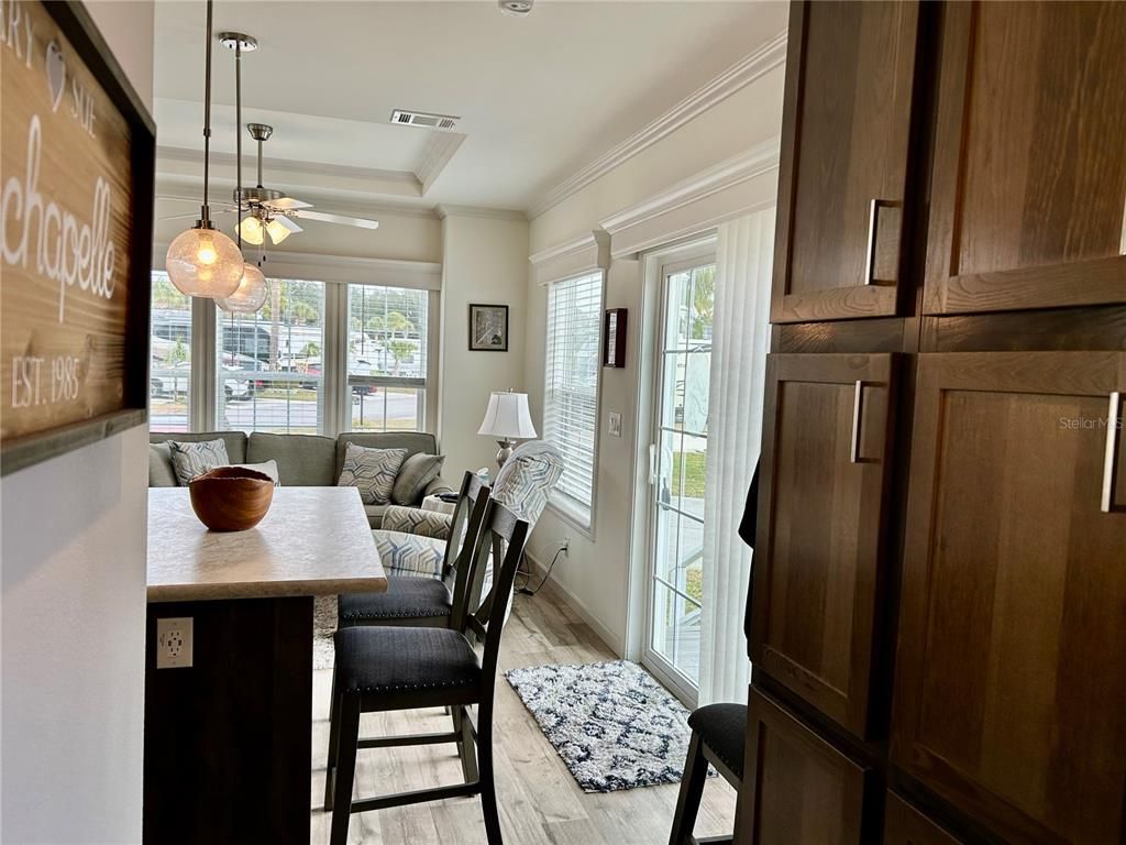 Dining room, Interior, Pendant Lights, Recessed Lighting, Wood Texture Flooring