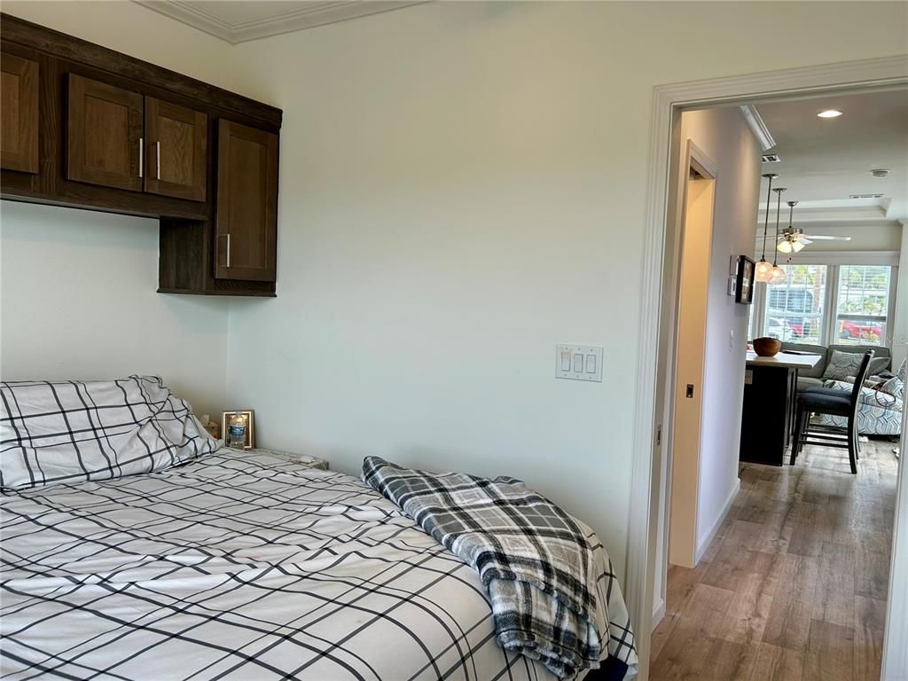 Bedroom, Interior, Pendant Lights, Recessed Lighting, Wood Texture Flooring