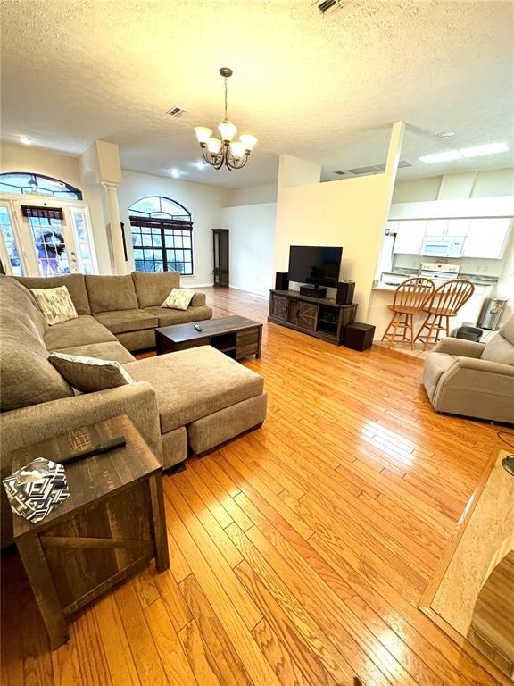 Chandelier, Interior, Living room, Wood Texture Flooring