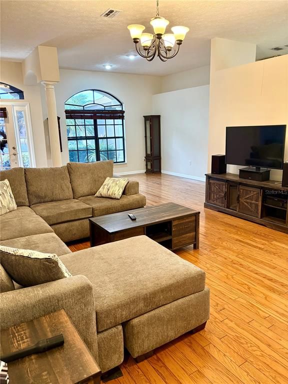 Chandelier, Interior, Living room, Wood Texture Flooring
