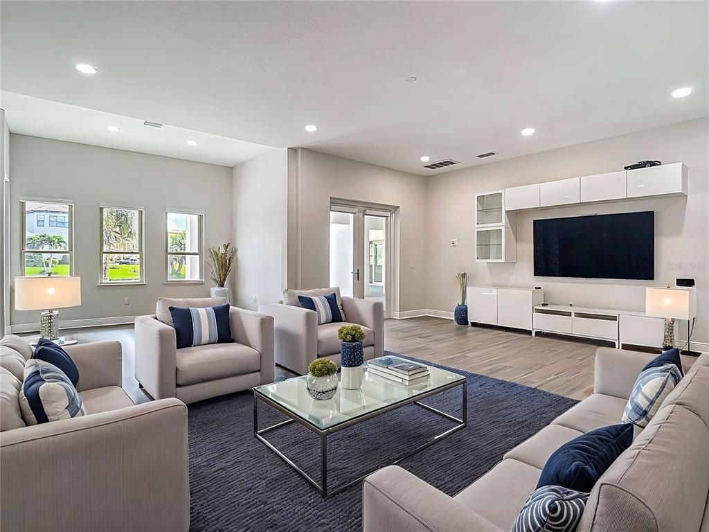 Interior, Living room, Recessed Lighting, Wood Texture Flooring