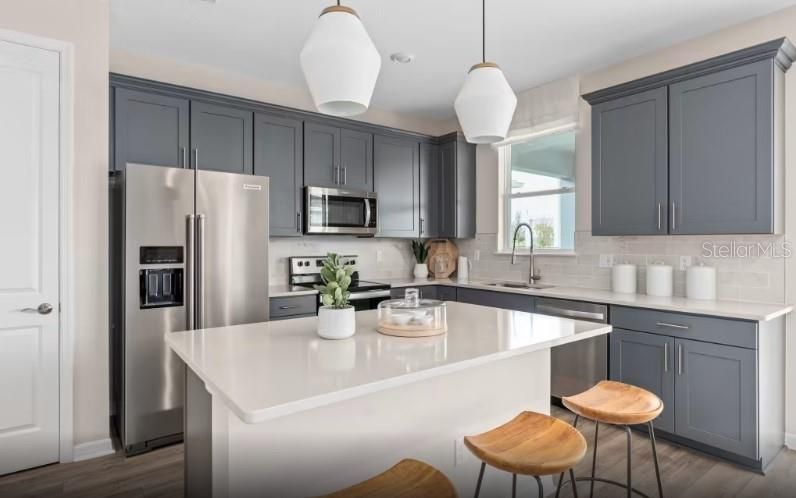 Interior, Kitchen, Pendant Lights, Stainless Steel Appliances, Wood Texture Flooring