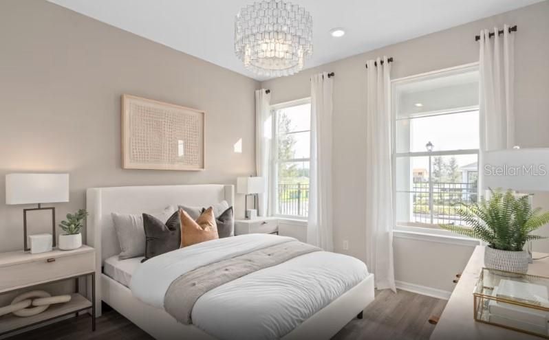 Bedroom, Chandelier, Interior, Recessed Lighting, Wood Texture Flooring