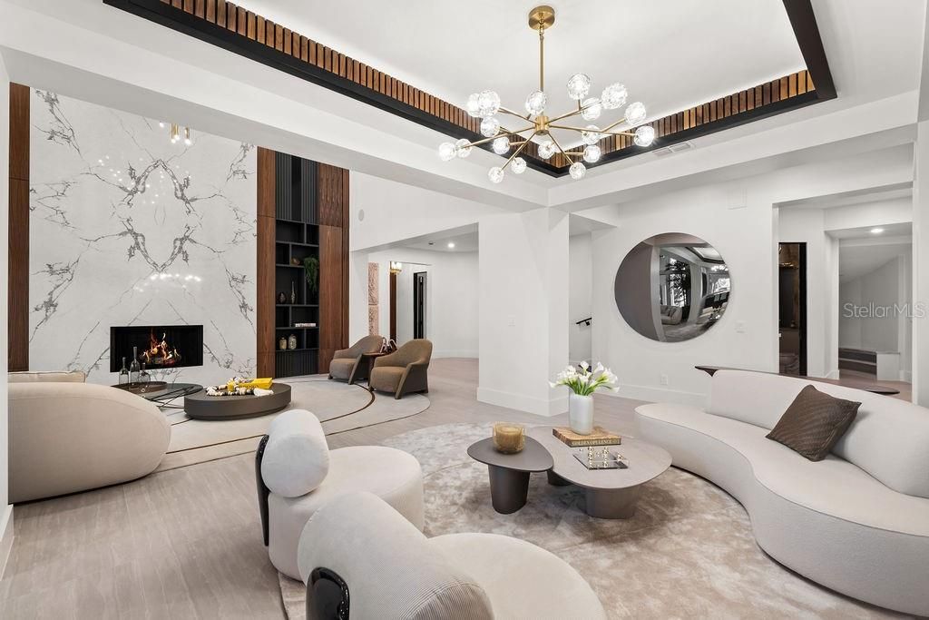 Fireplace, Interior, Living room, Marble Walls, Pendant Lights, Recessed Lighting, Wood Texture Flooring