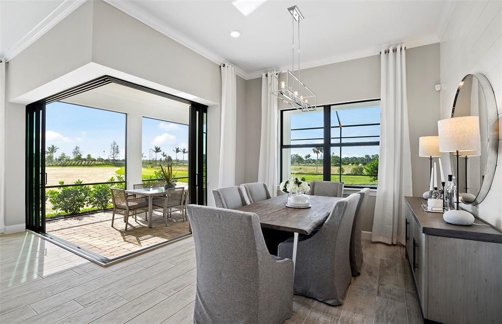 Dining room, Interior, Pendant Lights, Recessed Lighting, Water, Wood Texture Flooring