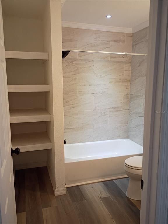 Bathroom, Interior, Marble Walls, Recessed Lighting, Wood Texture Flooring