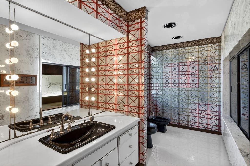 Bathroom, Interior, Marble Walls, Pendant Lights, Recessed Lighting
