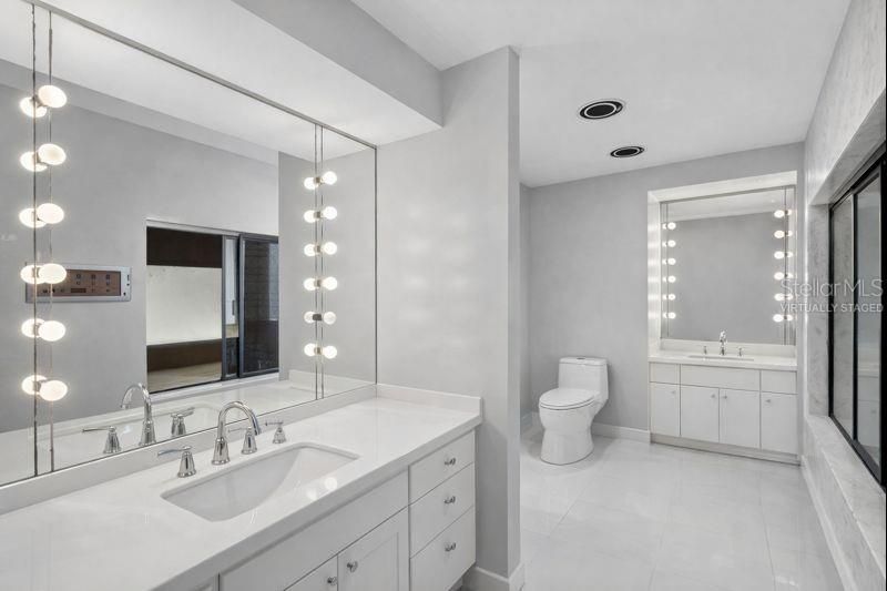 Bathroom, Dual Sink Vanities, Interior, Pendant Lights, Recessed Lighting