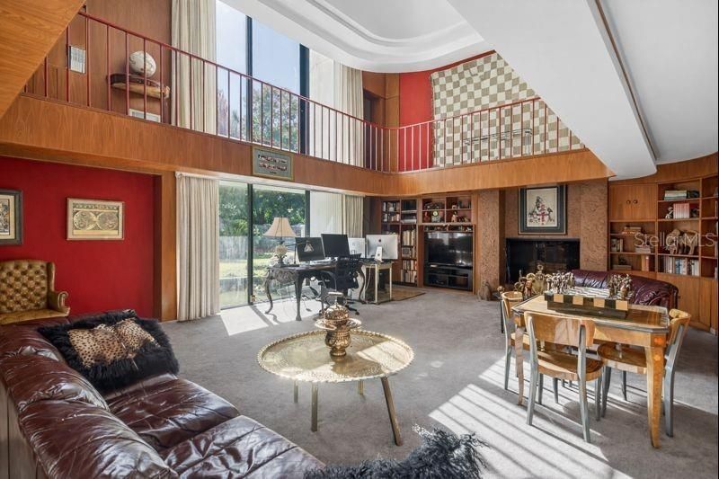 Fireplace, Home Office, Interior, Living room, Wooden Walls