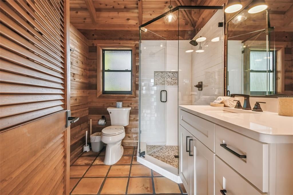 Bathroom, Glass Shower, Interior, Wooden Ceilings, Wooden Walls