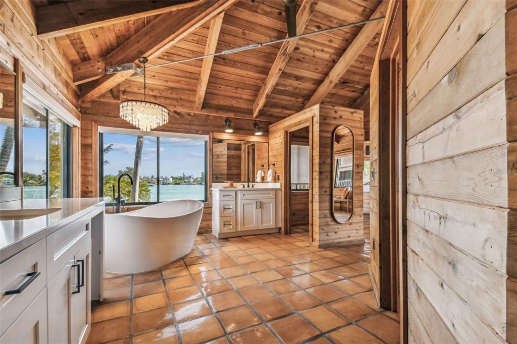 Bathroom, Chandelier, Free Standing Baths, Interior, Water, Wooden Beams, Wooden Ceilings, Wooden Walls
