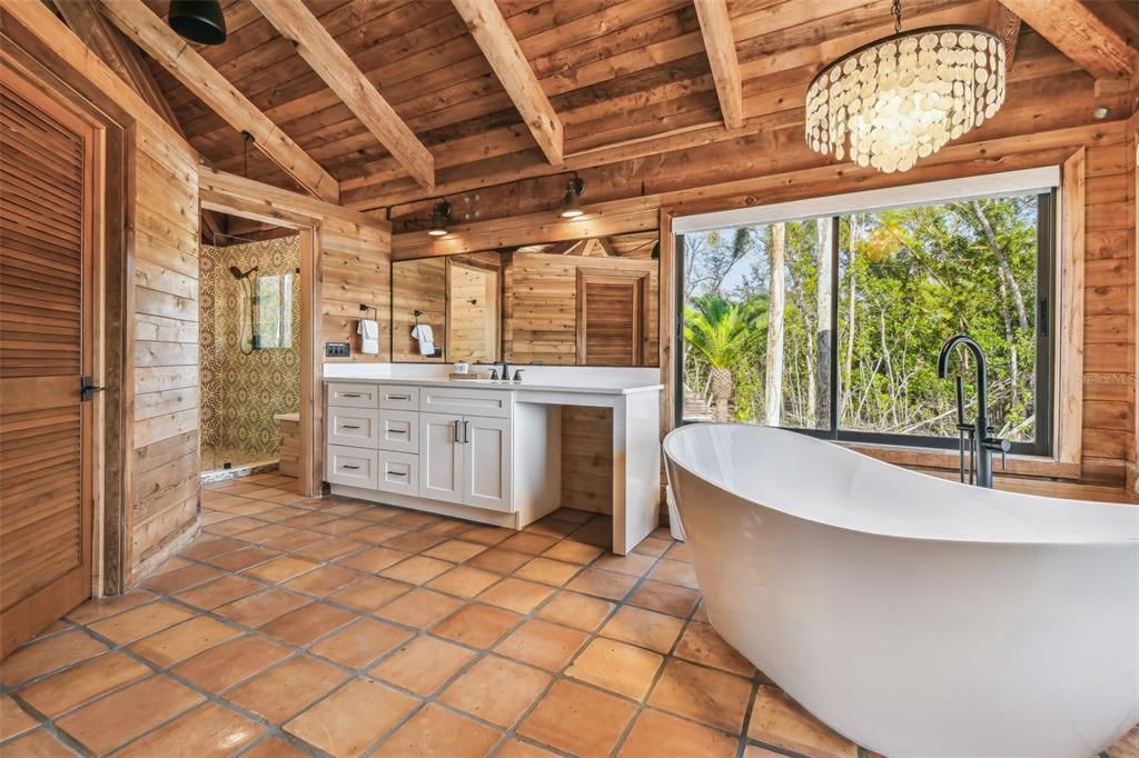 Bathroom, Chandelier, Dual Sink Vanities, Free Standing Baths, Interior, Wooden Beams, Wooden Ceilings, Wooden Walls