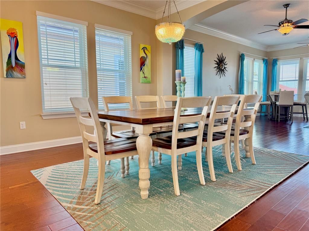 Dining room, Interior, Pendant Lights, Wood Texture Flooring