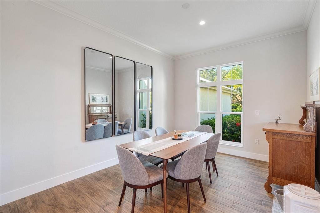 Dining room, Interior, Recessed Lighting, Wood Texture Flooring