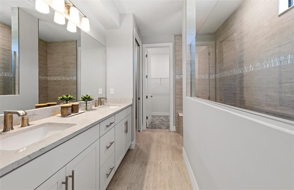 Bathroom, Dual Sink Vanities, Glass Shower, Interior, Wood Texture Flooring