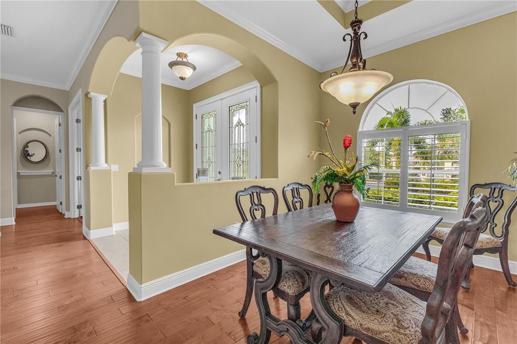Dining room, Interior, Pendant Lights, Wood Texture Flooring
