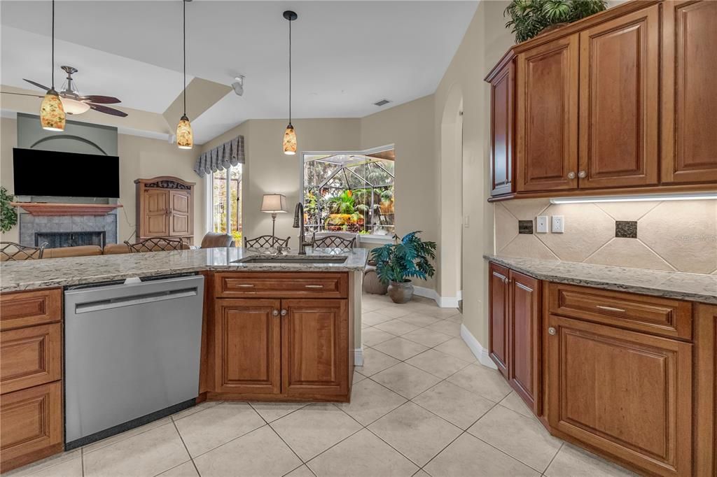 Fireplace, Interior, Kitchen, Pendant Lights