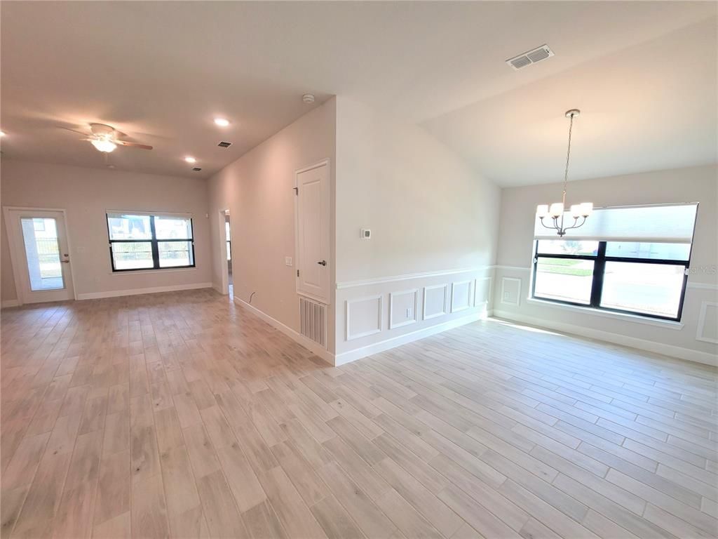Chandelier, Empty room, Interior, Recessed Lighting, Wood Texture Flooring
