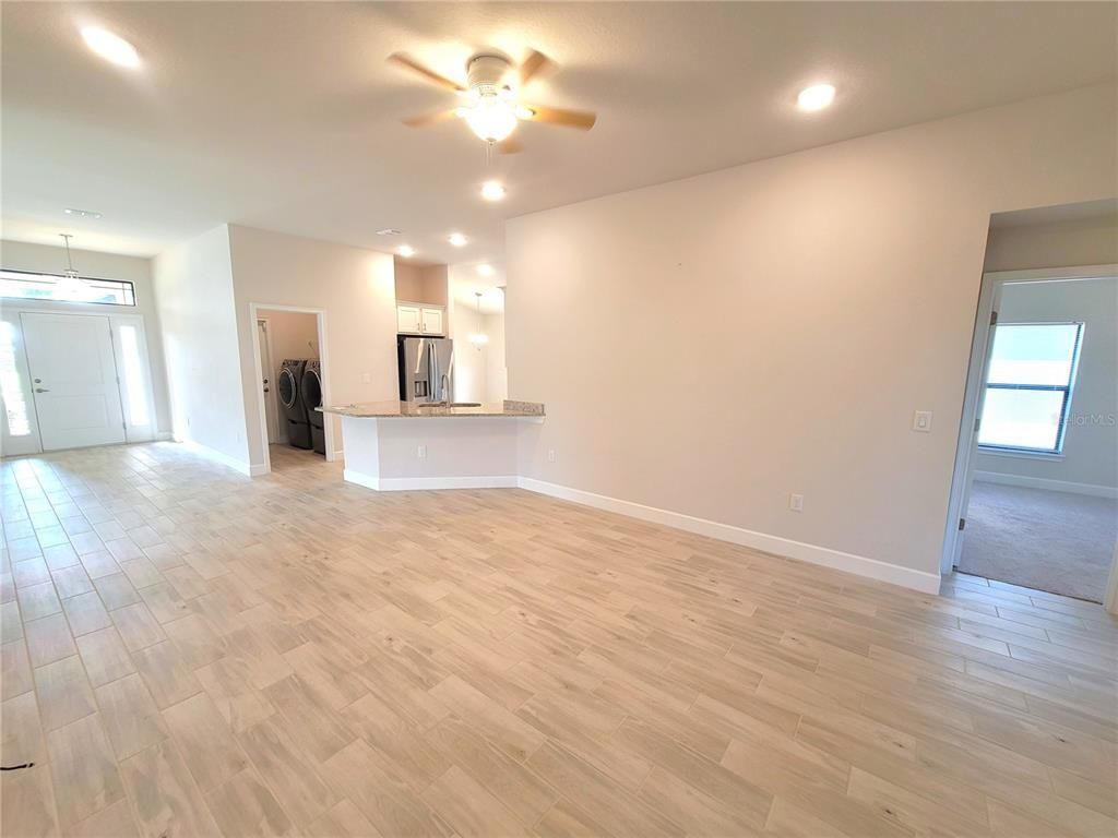 Empty room, Interior, Kitchen, Pendant Lights, Recessed Lighting, Wood Texture Flooring