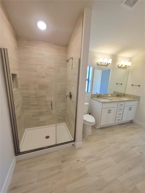 Bathroom, Glass Shower, Interior, Recessed Lighting, Wood Texture Flooring
