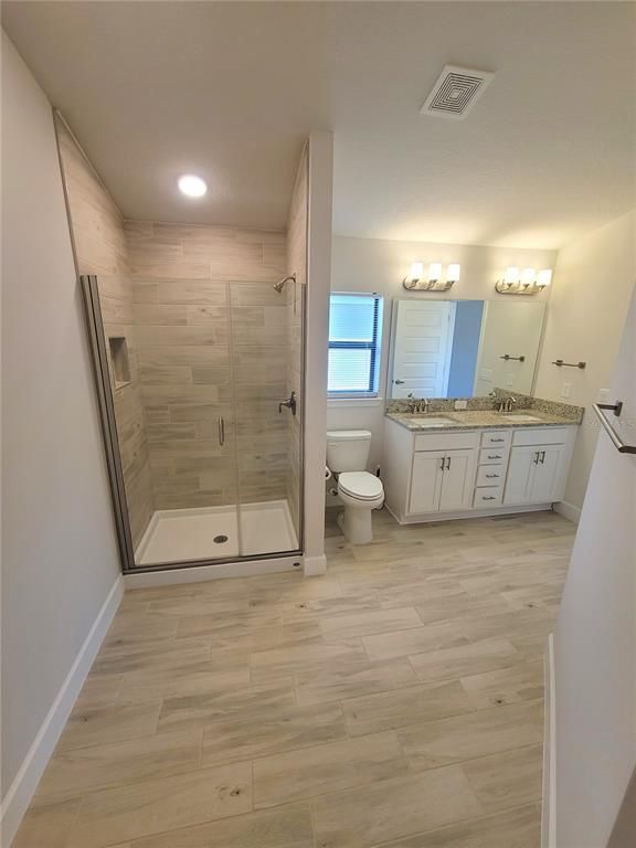 Bathroom, Glass Shower, Interior, Recessed Lighting, Wood Texture Flooring