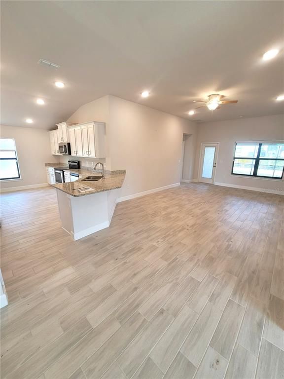 Empty room, Interior, Kitchen, Recessed Lighting, Wood Texture Flooring