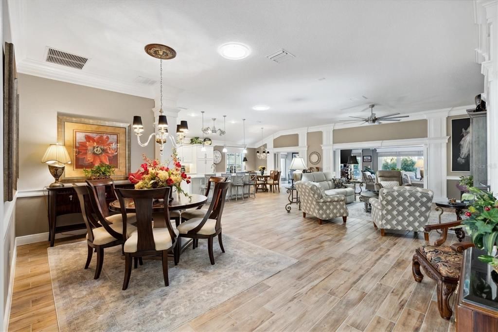 Dining room, Interior, Kitchen, Living room, Pendant Lights, Recessed Lighting, Wood Texture Flooring