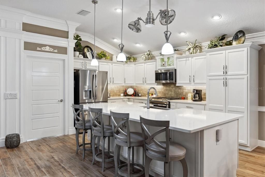 Interior, Kitchen, Pendant Lights, Recessed Lighting, Stainless Steel Appliances, Wood Texture Flooring