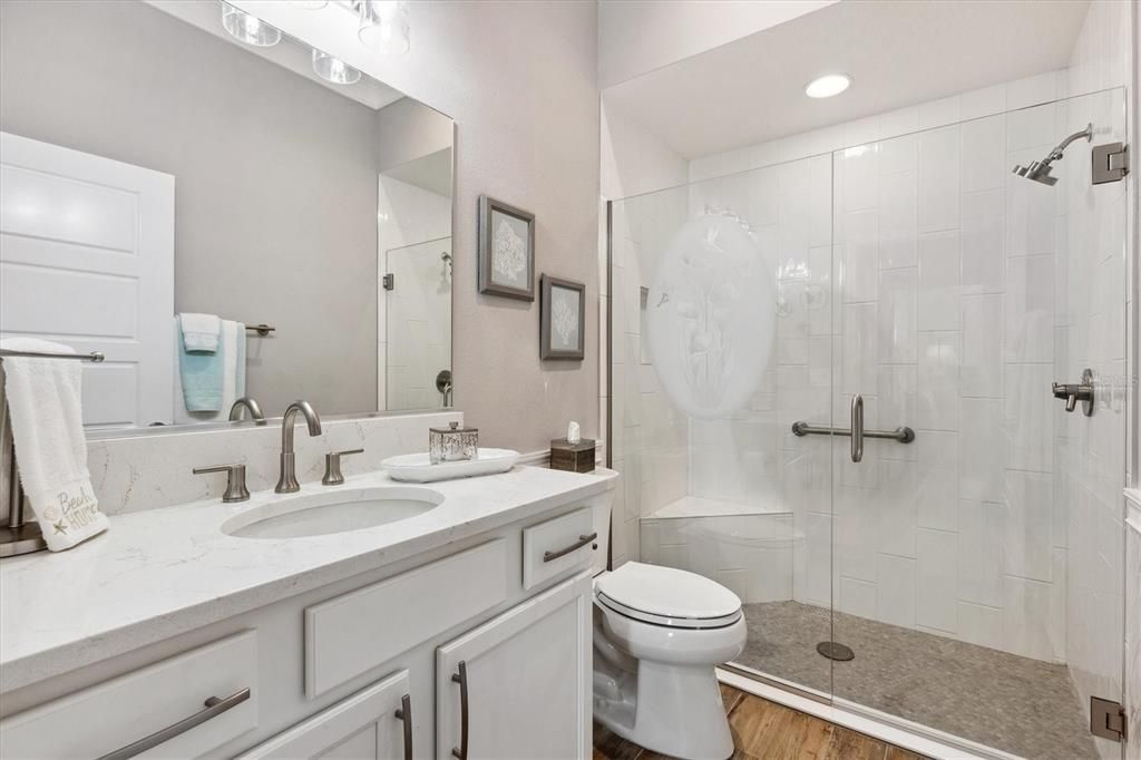 Bathroom, Glass Shower, Interior, Recessed Lighting, Wood Texture Flooring