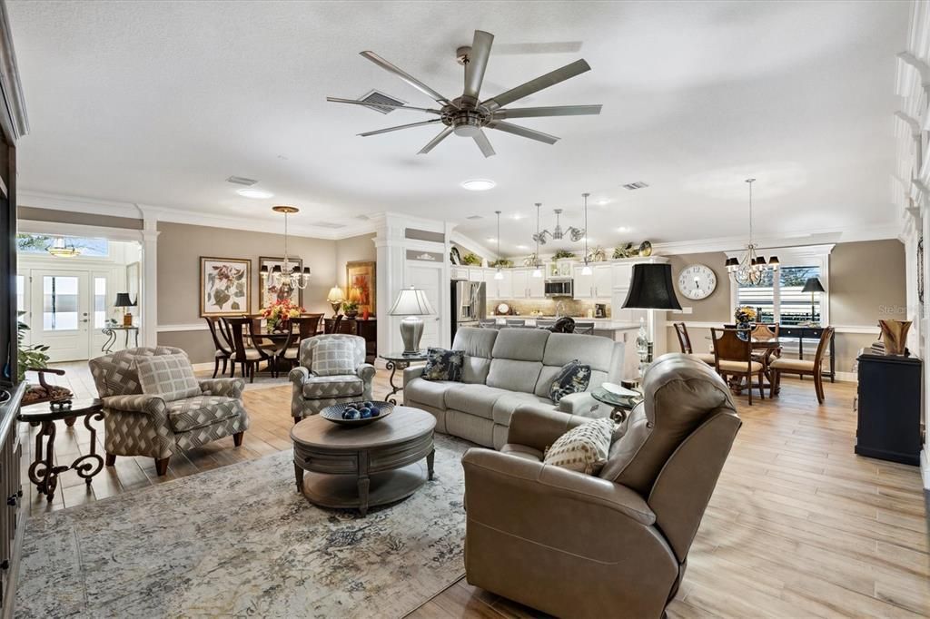 Dining room, Interior, Kitchen, Living room, Pendant Lights, Recessed Lighting, Stainless Steel Appliances, Wood Texture Flooring