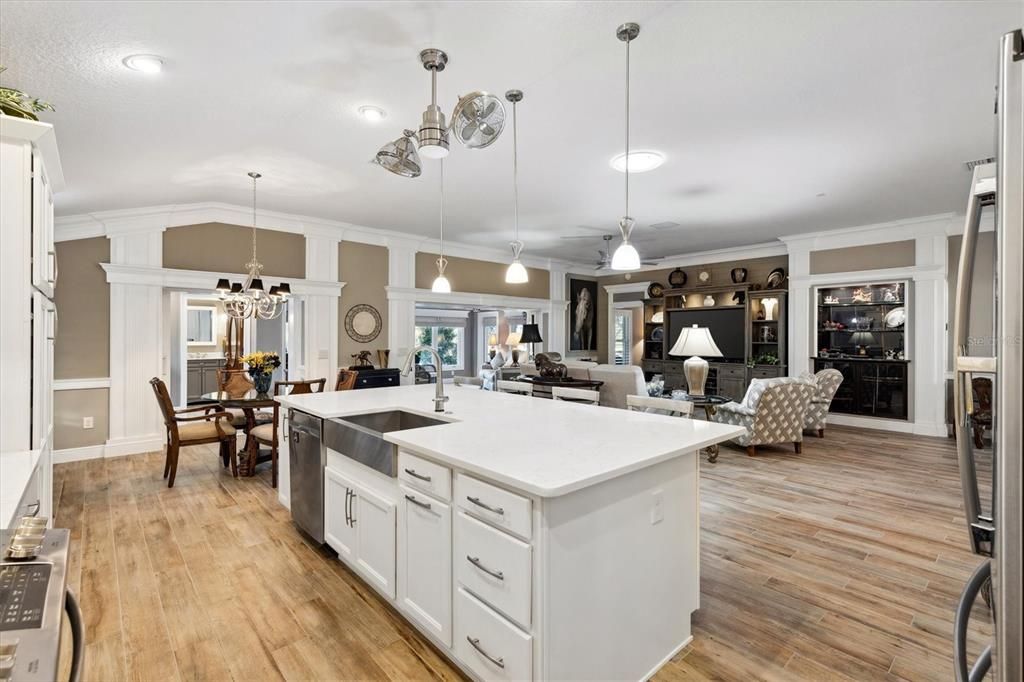 Dining room, Interior, Kitchen, Living room, Pendant Lights, Recessed Lighting, Wood Texture Flooring