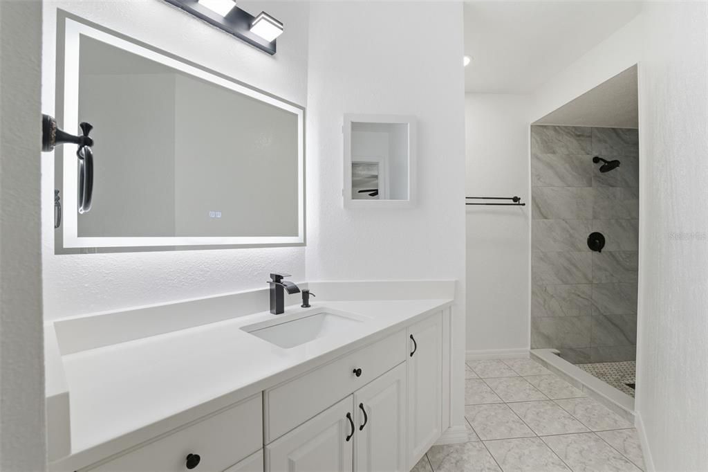 Bathroom, Glass Shower, Interior, Marble, Marble Walls, Recessed Lighting