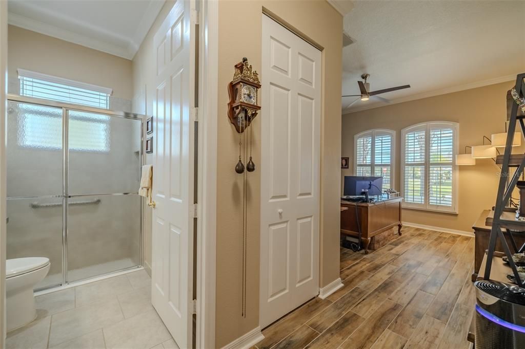 Bathroom, Glass Shower, Interior, Wood Texture Flooring