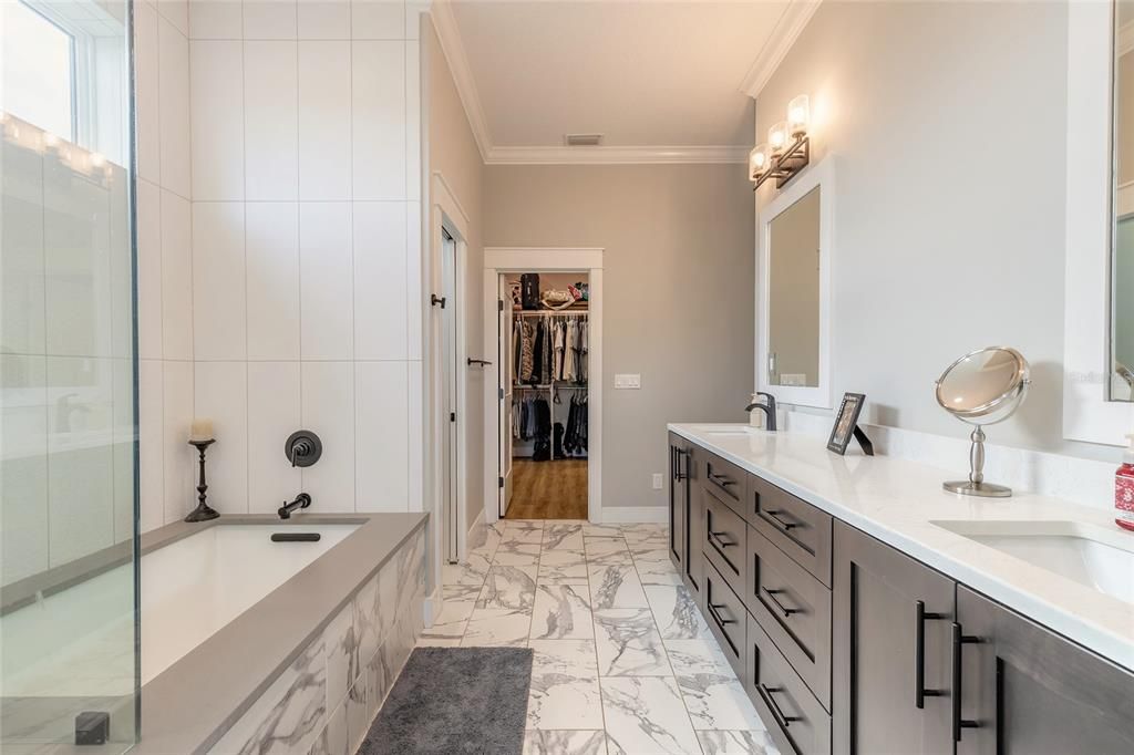Bathroom, Dual Sink Vanities, Glass Shower, Interior, Marble, Walk-in Closets
