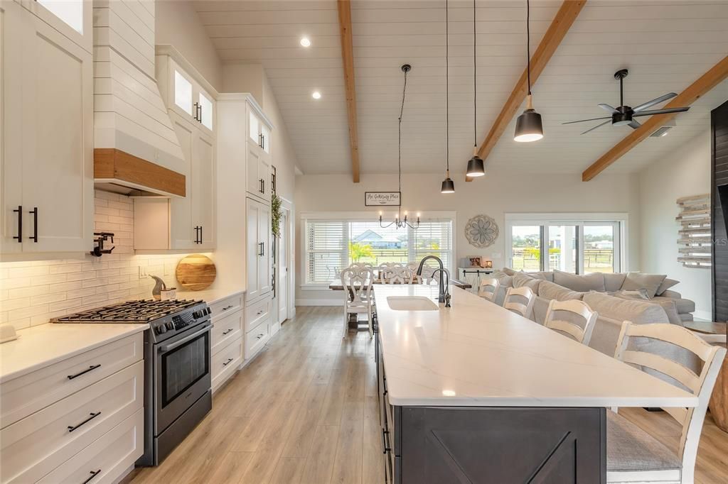 Dining room, Interior, Kitchen, Living room, Pendant Lights, Recessed Lighting, Wooden Beams, Wood Texture Flooring