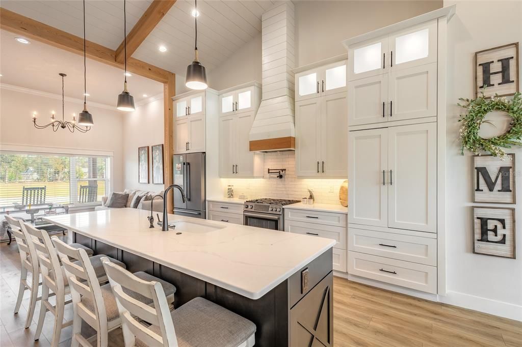 Interior, Kitchen, Pendant Lights, Recessed Lighting, Stainless Steel Appliances, Wooden Beams, Wood Texture Flooring